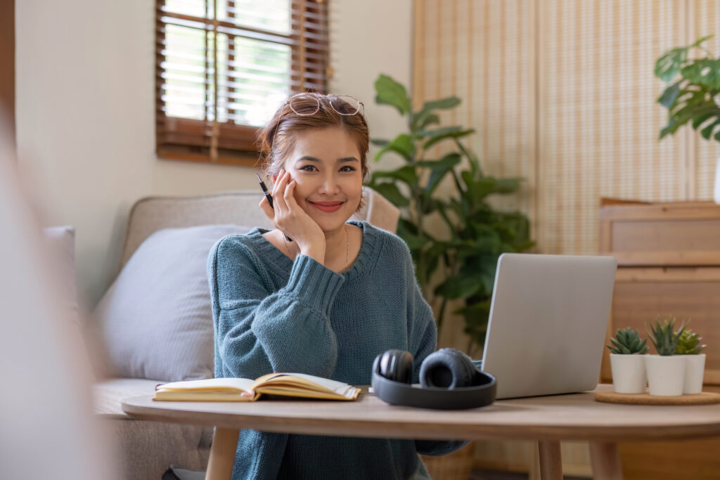asian girl student online learning class study online video call zoom teacher, happy asian girl learn english language online with computer laptop..